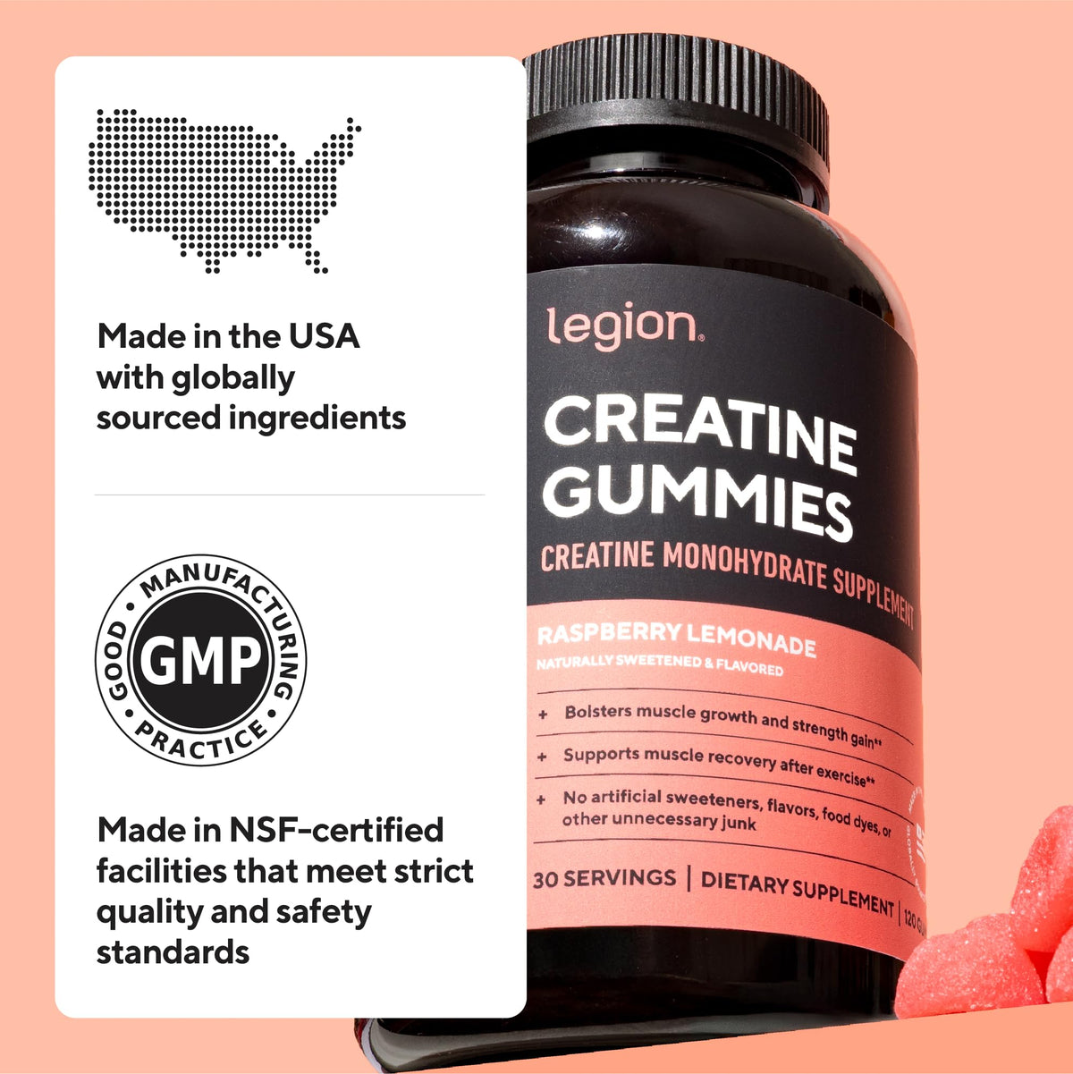Gummies de Créatine Monohydrate LEGION, ingrédients sur l'emballage