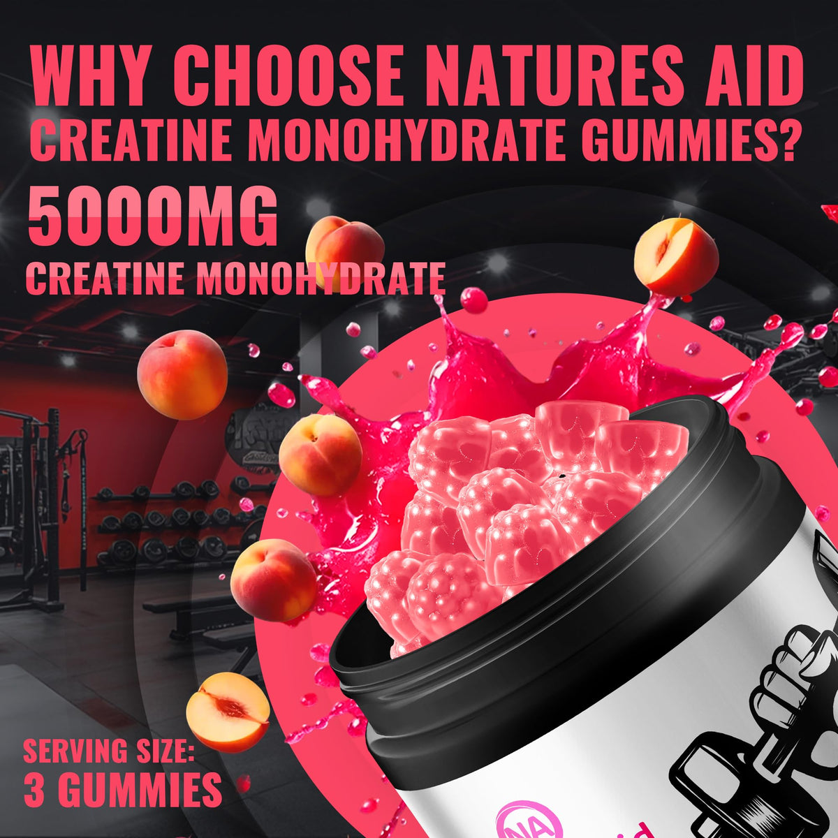 Gummies de créatine monohydrate Natures Aid avec un verre d'eau