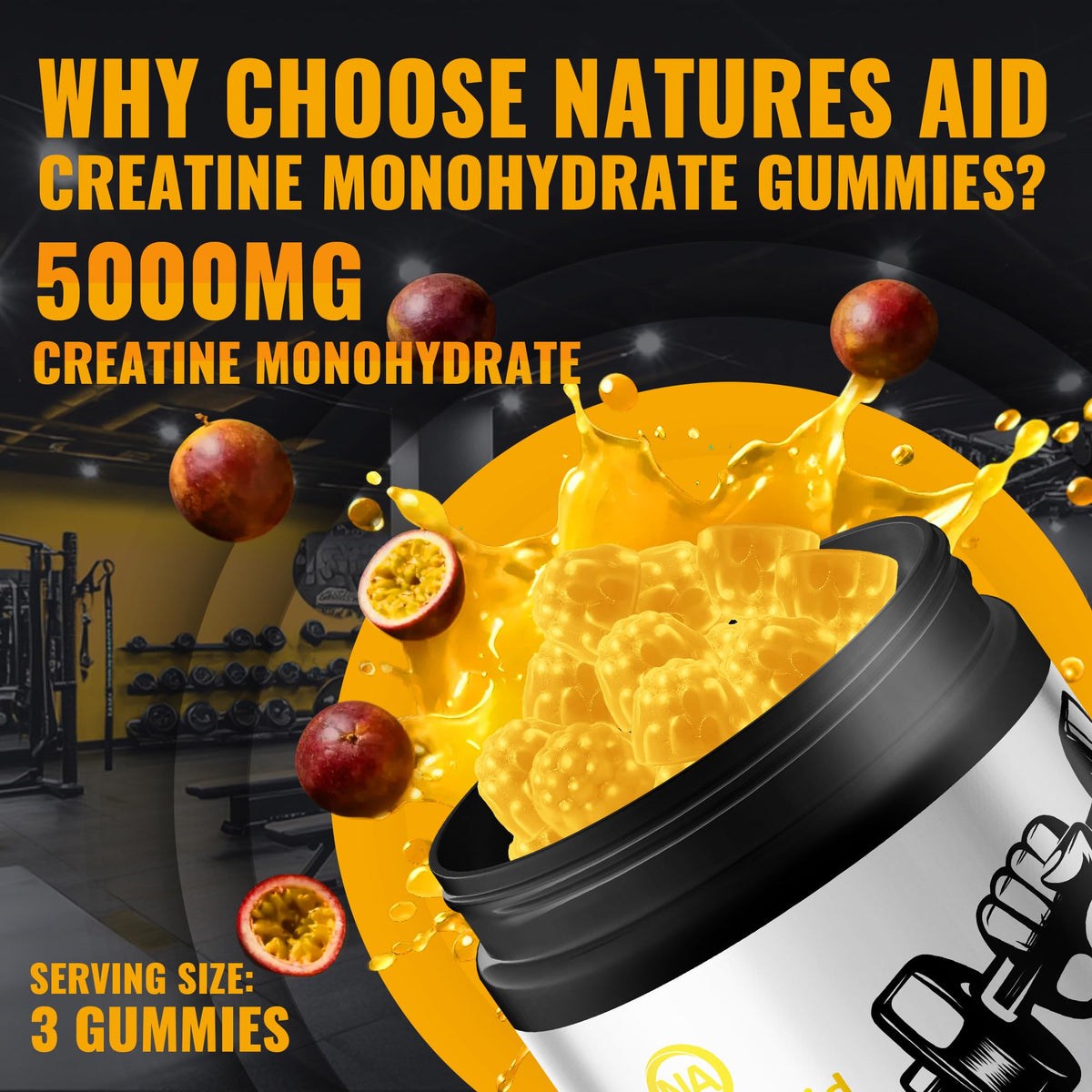 Gummies de créatine monohydrate Natures Aid, bouteille ouverte montrant les gummies
