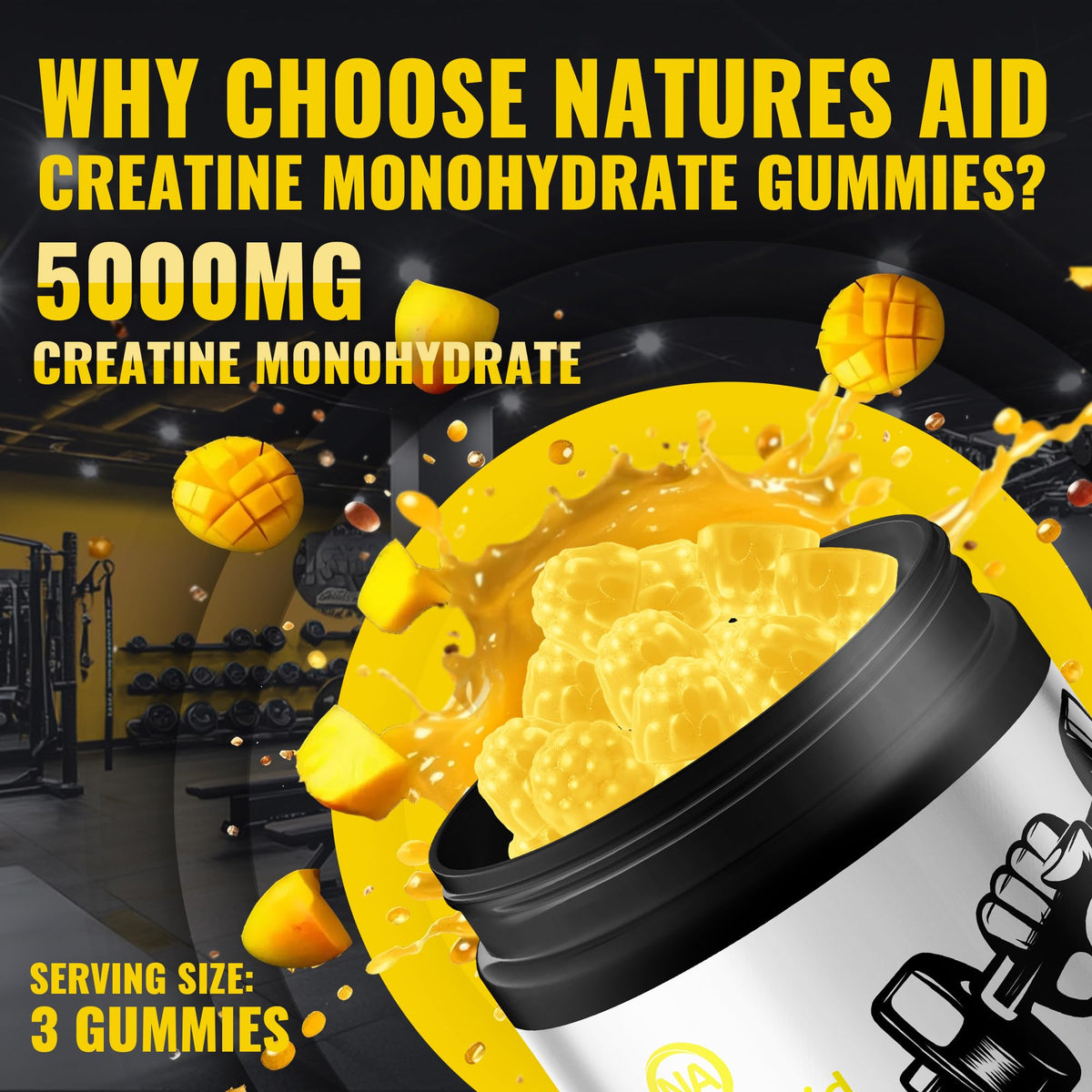 Gummies de créatine monohydrate Natures Aid, vue de côté avec étiquette