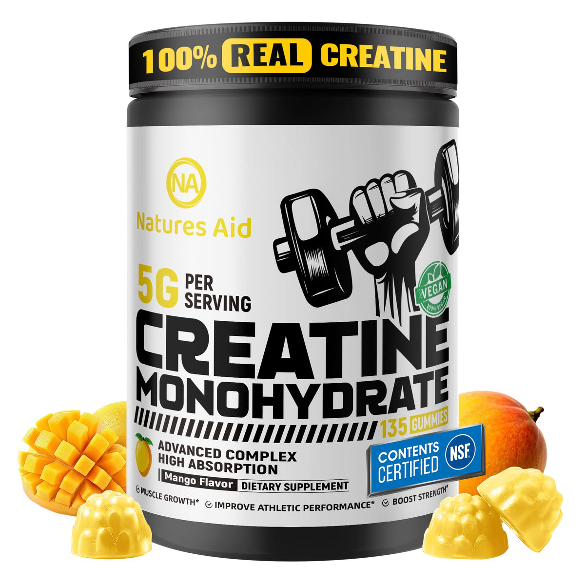 Gummies de créatine monohydrate Natures Aid, vue de l'avant, bouteille avec 135 gummies
