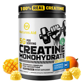 Gummies de créatine monohydrate Natures Aid, vue de l'avant, bouteille avec 135 gummies