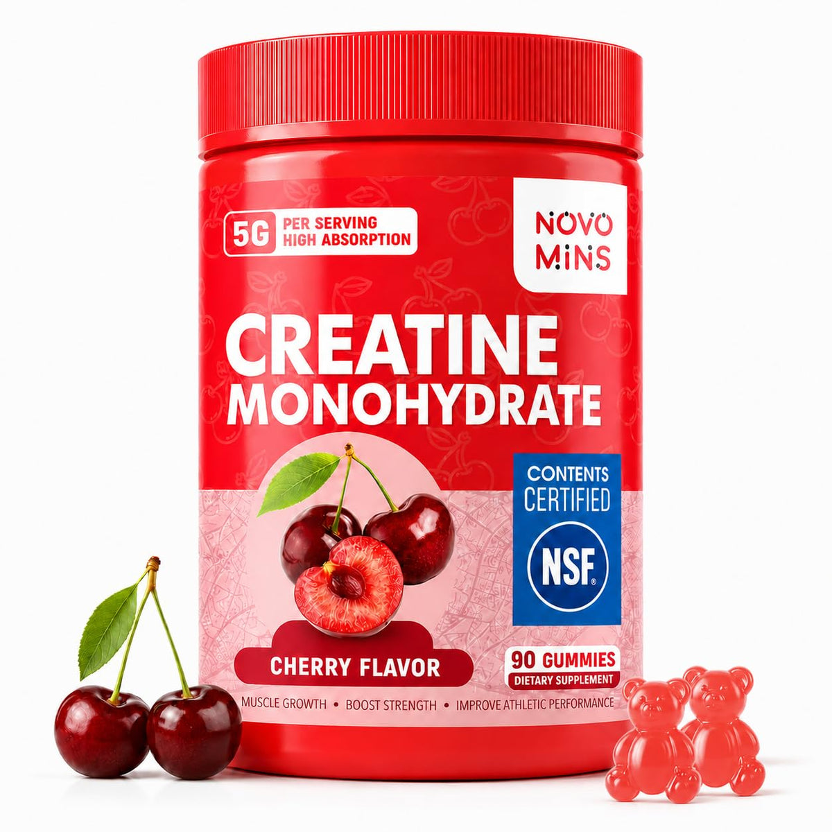 Gummies de créatine monohydrate Novomins 5000mg saveur cerise - vue de face