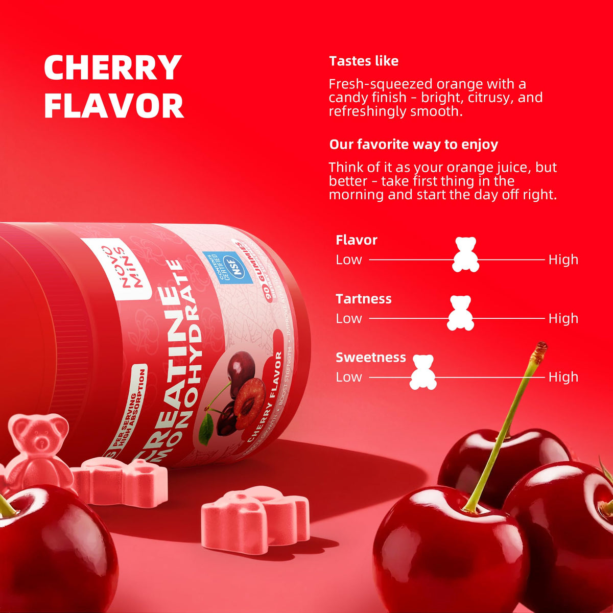 Gummies de créatine monohydrate Novomins avec un verre d'eau