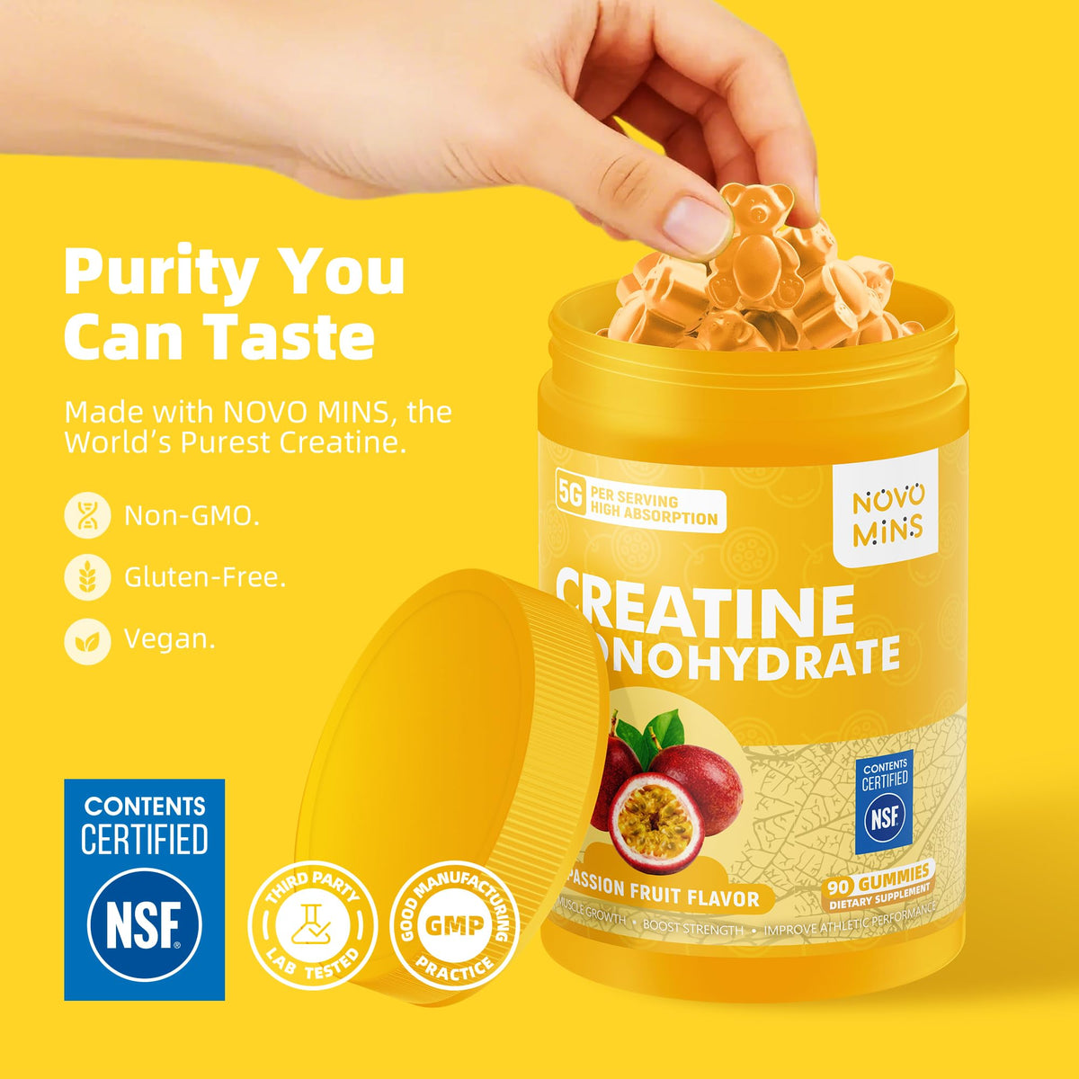Gummies de créatine monohydrate Novomins avec une bouteille d'eau