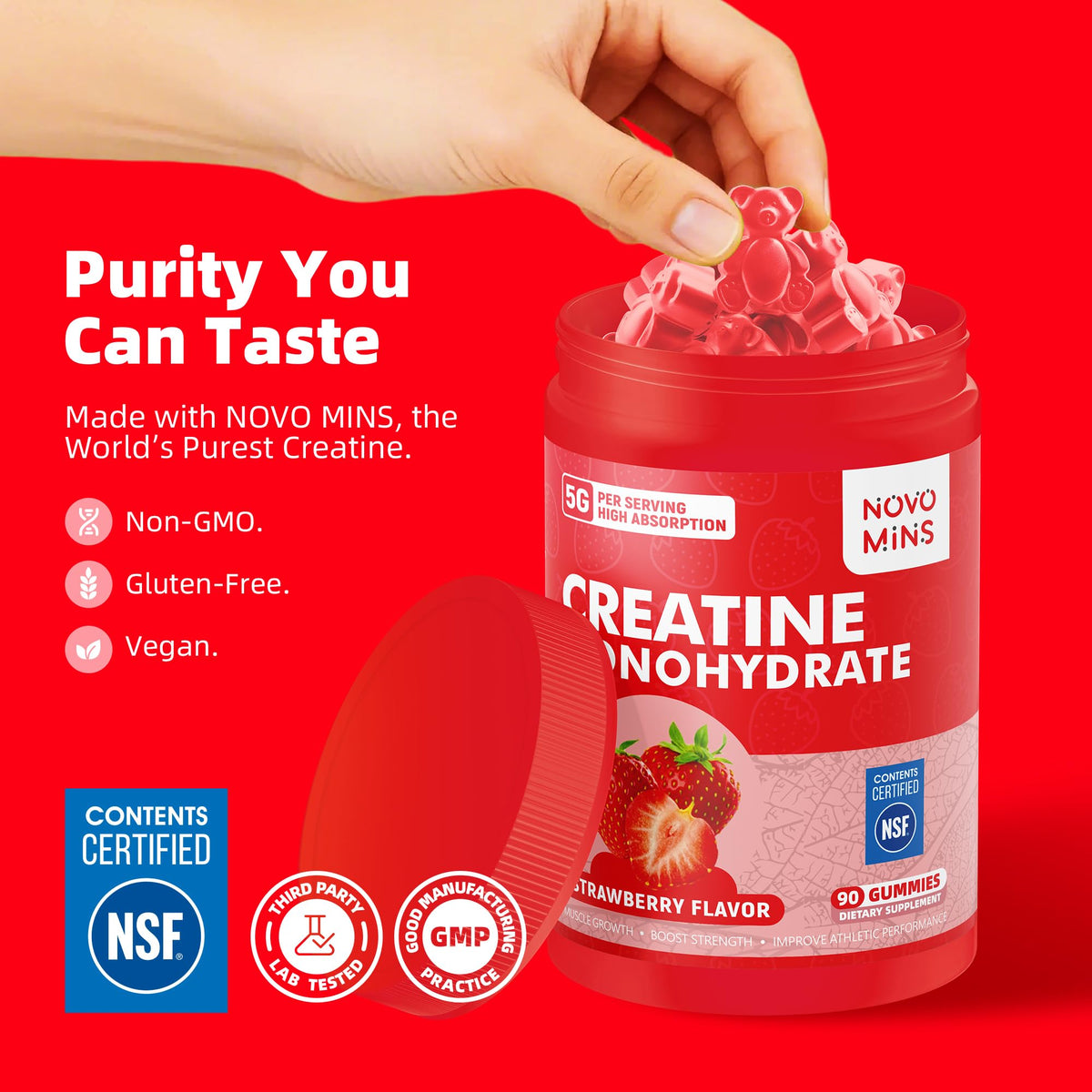 Gummies de créatine monohydrate Novomins, étiquette de la bouteille