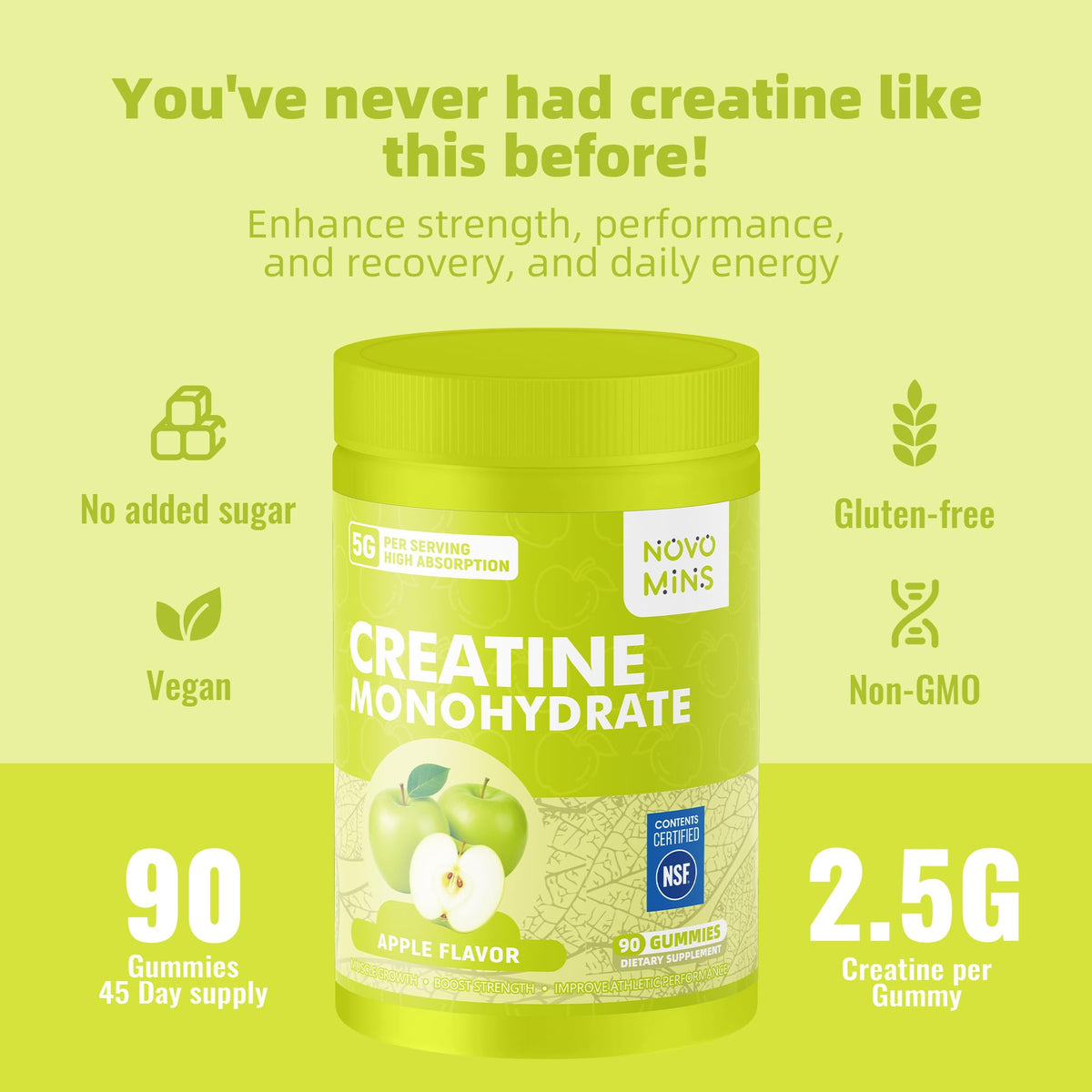 Gummies de créatine monohydrate Novomins, présentation sur une table