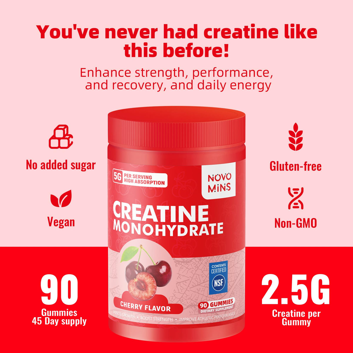 Gummies de créatine monohydrate Novomins sur un fond blanc