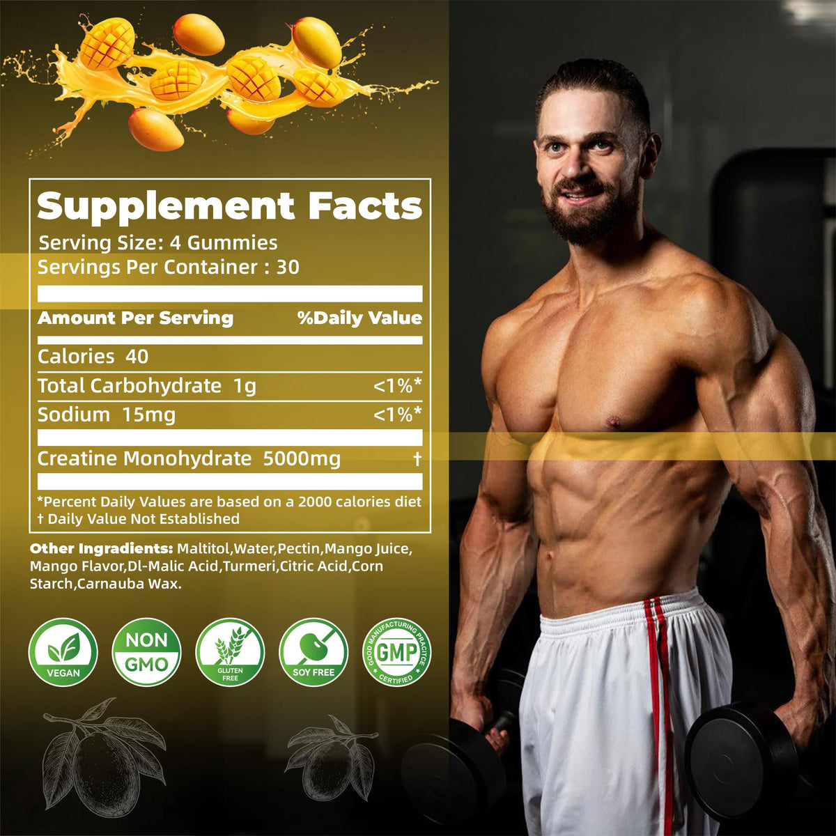 Gummies de créatine monohydrate Nutravita, 5g par portion, détails.