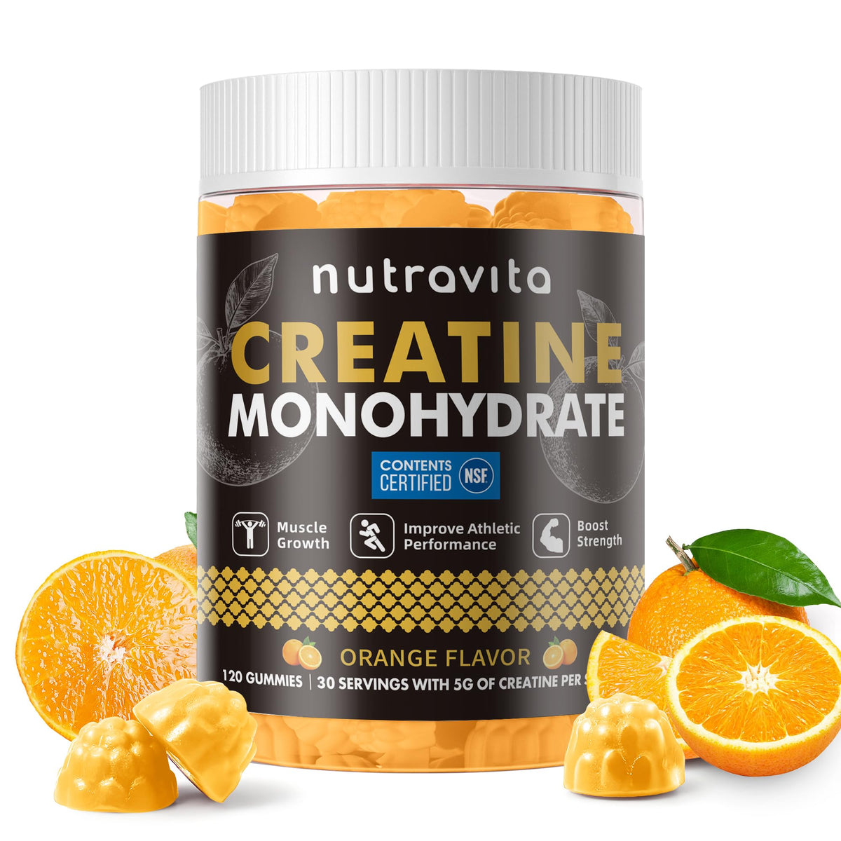 Gummies de créatine monohydrate Nutravita flacon de 120 comprimés orange