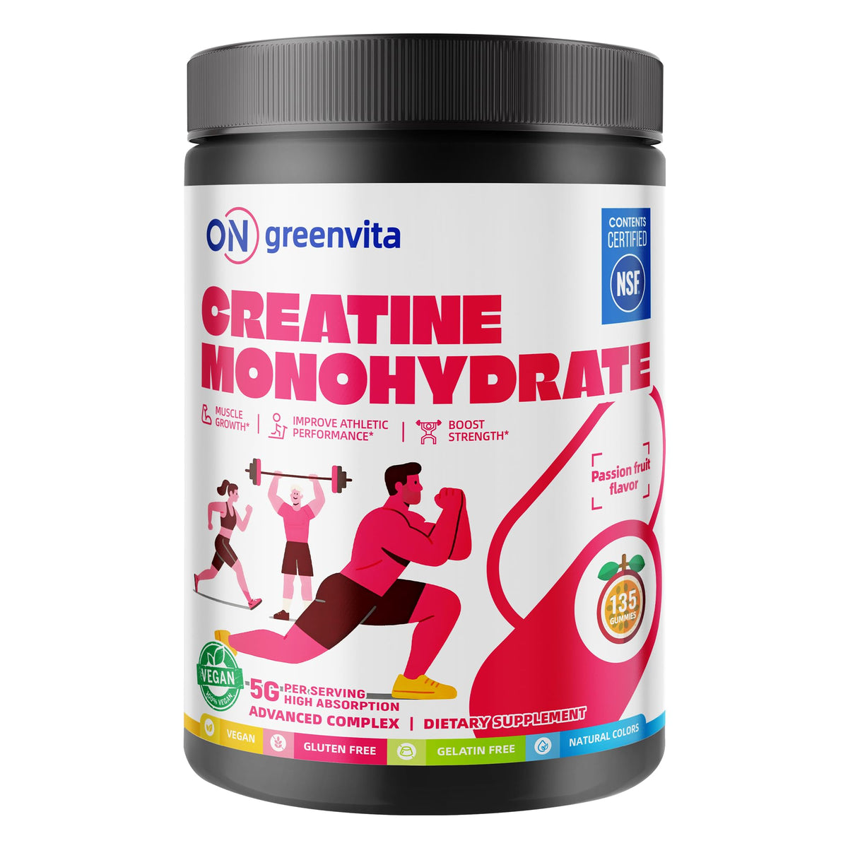 Gummies de créatine monohydrate ON GREENVITA NUTRITION en vue de face, emballage fruit de la passion