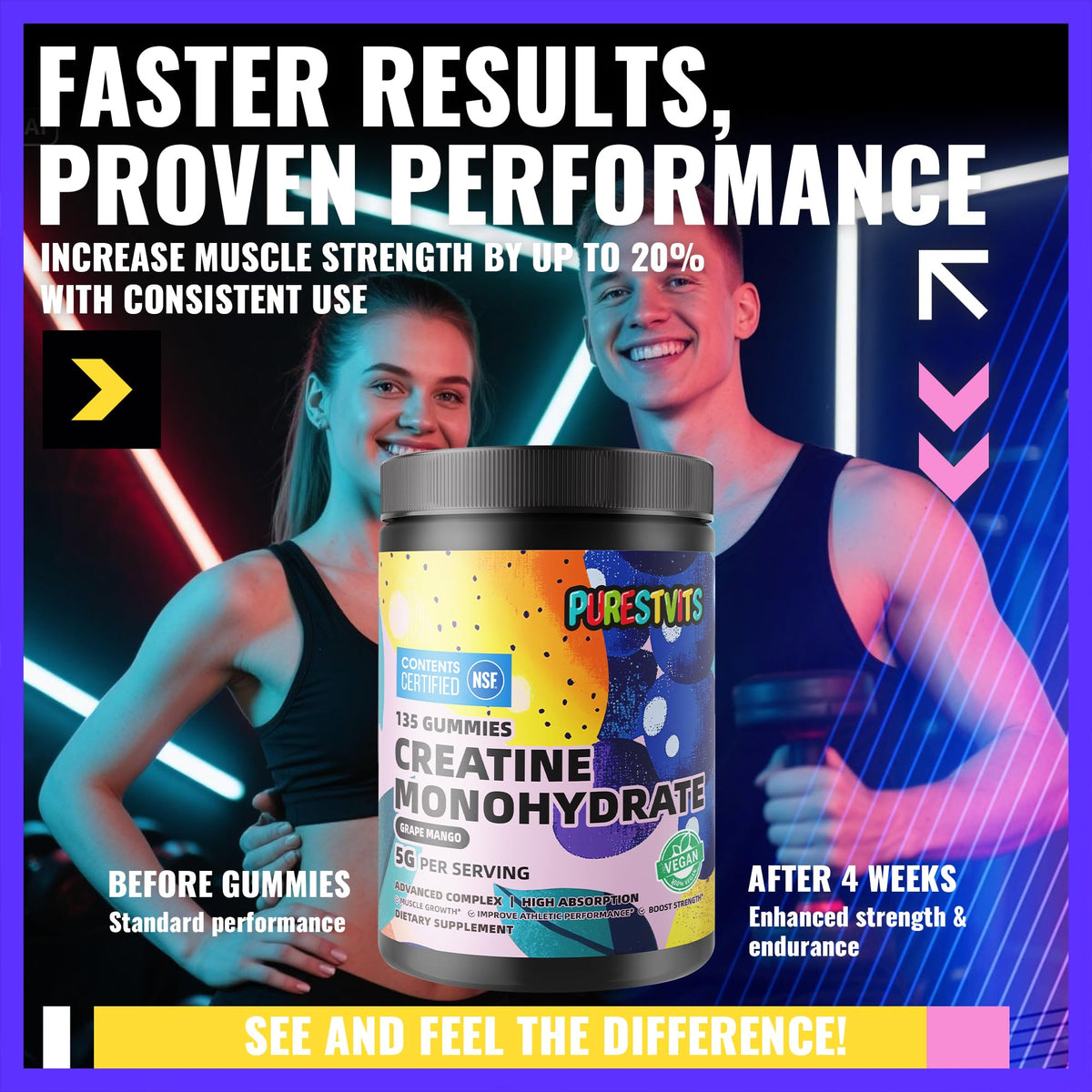 Gummies de créatine monohydrate PURESTVITS à côté de matériel de sport