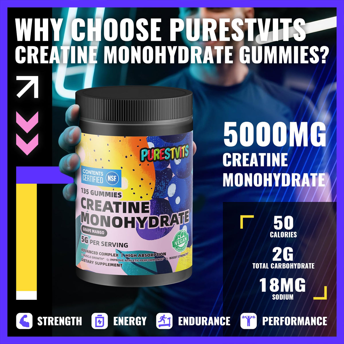 Gummies de créatine monohydrate PURESTVITS avec un fond coloré