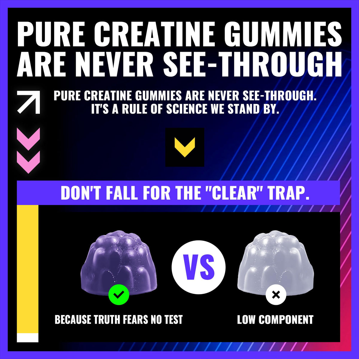 Gummies de créatine monohydrate PURESTVITS avec une main tenant un gummy