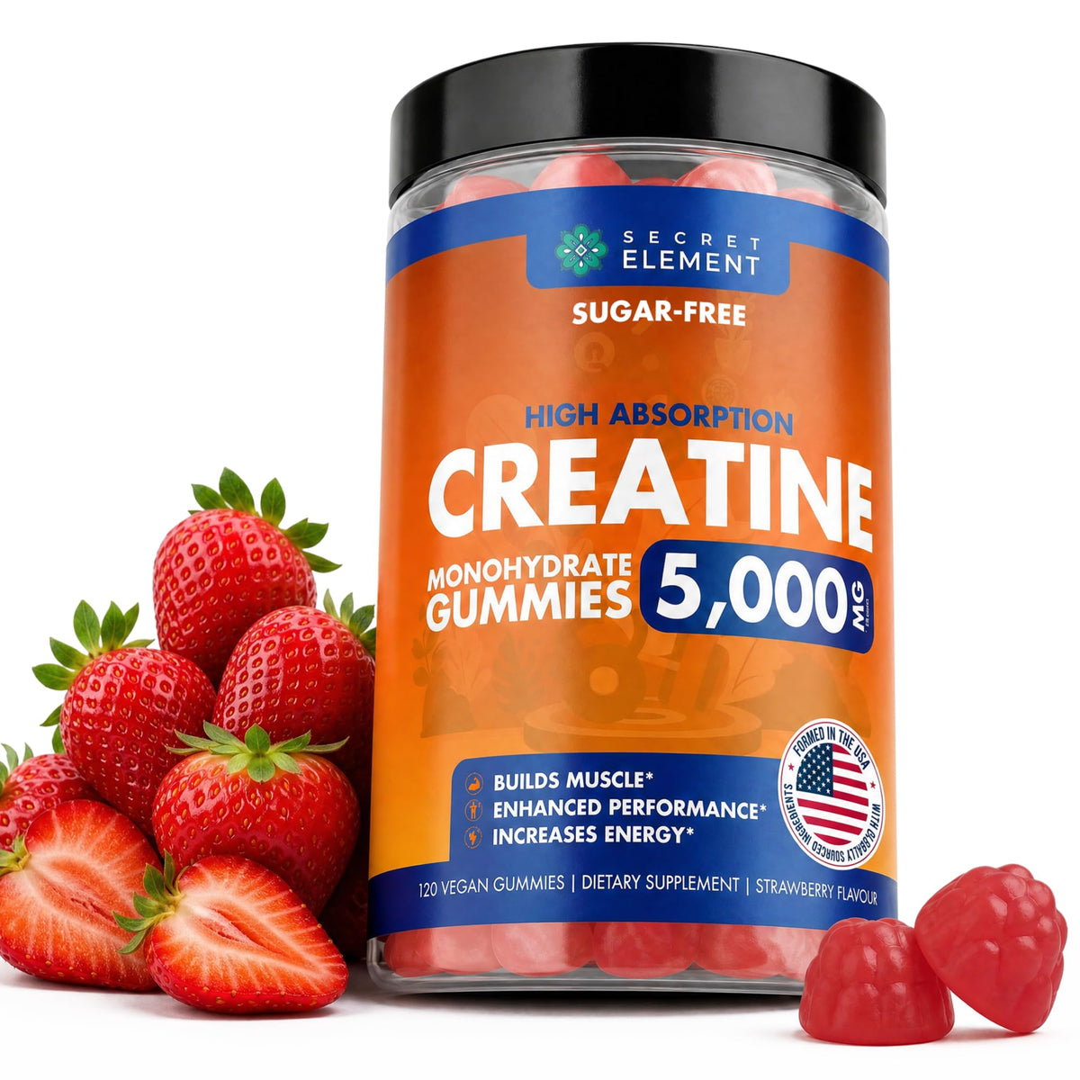 Gummies de créatine monohydrate Secret Element 5000 mg, saveur fraise, devant