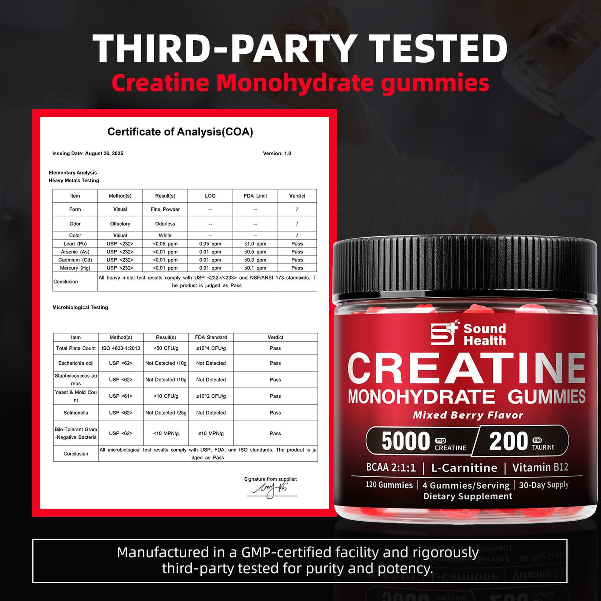 Gummies de créatine monohydrate Sound Health Organic avec une main tenant une gummy