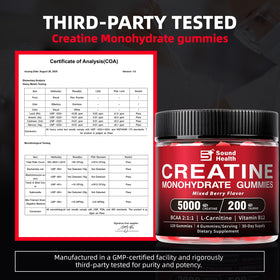 Gummies de créatine monohydrate Sound Health Organic avec une main tenant une gummy