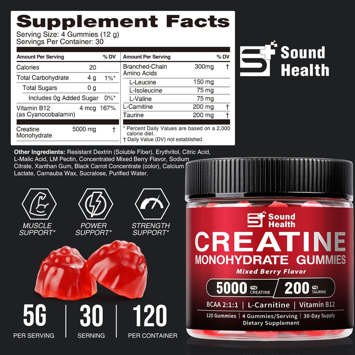 Gummies de créatine monohydrate Sound Health Organic en gros plan