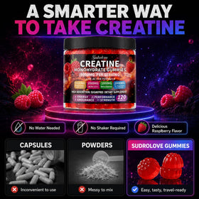 Gummies de créatine monohydrate sudrolove à côté d'une bouteille d'eau