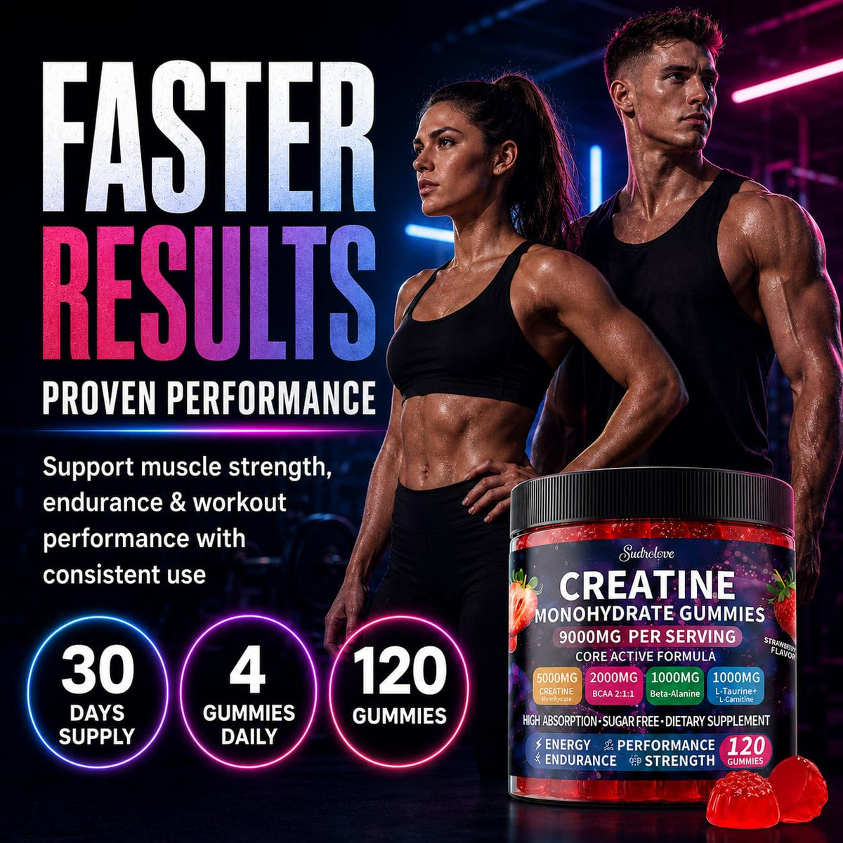 Gummies de créatine monohydrate sudrolove, flacon ouvert avec gummies visibles