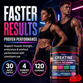Gummies de créatine monohydrate sudrolove, flacon ouvert avec gummies visibles