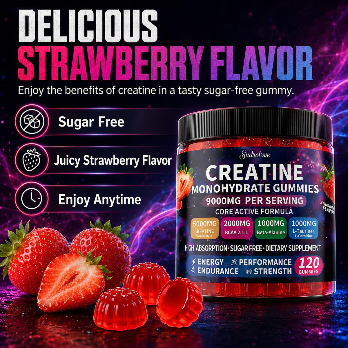 Gummies de créatine monohydrate sudrolove sur une table, présentation