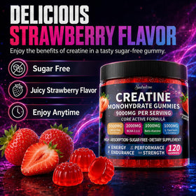 Gummies de créatine monohydrate sudrolove sur une table, présentation