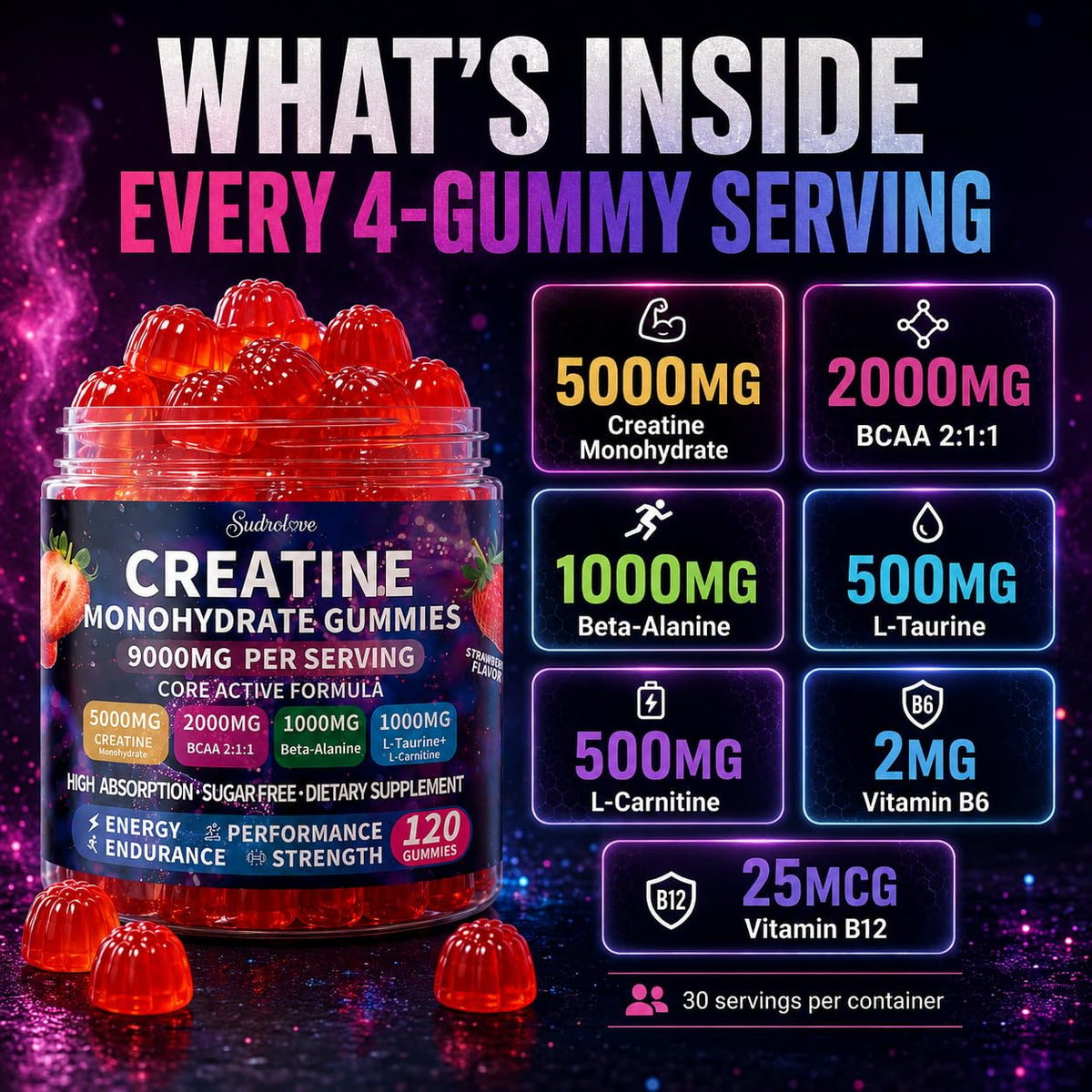 Gummies de créatine monohydrate sudrolove, vue de près, couleur framboise