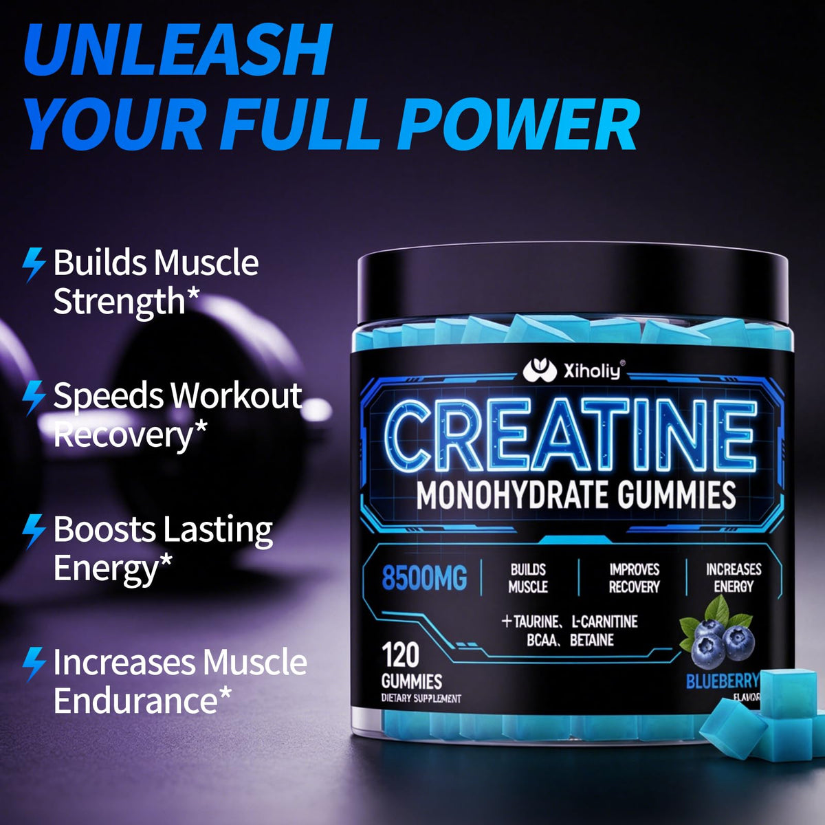 Gummies de créatine monohydrate XIHOLIY avec un fond blanc