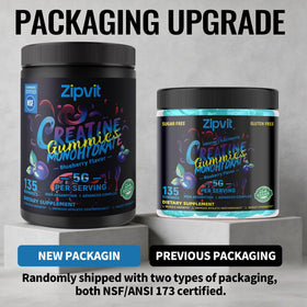 Gummies de créatine monohydrate zipvit avec étiquette et informations nutritionnelles