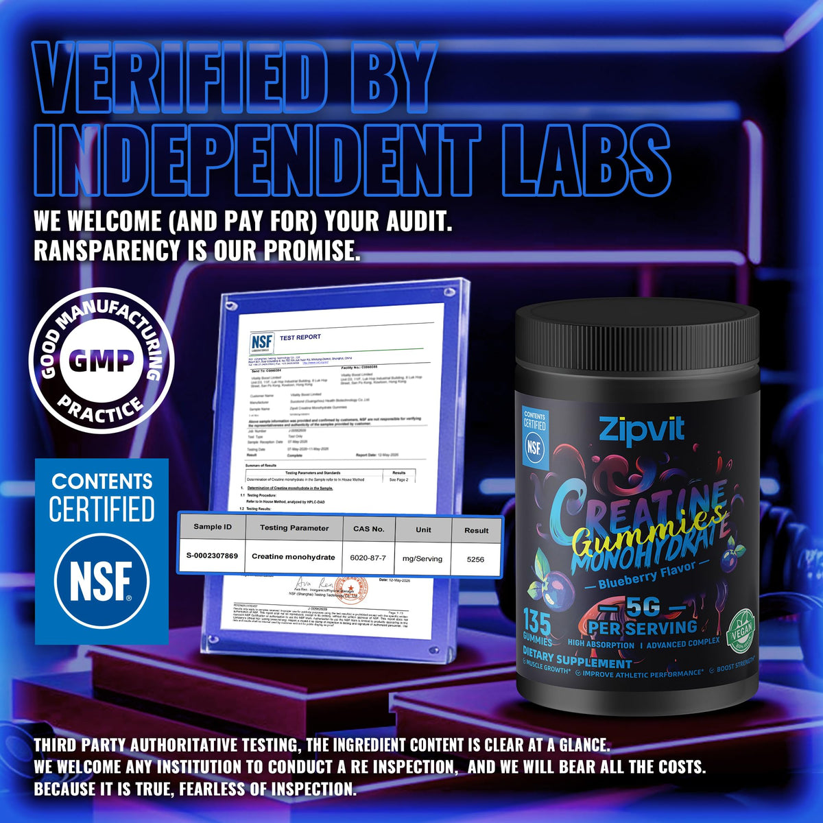Gummies de créatine monohydrate zipvit avec une portion de 3 gummies