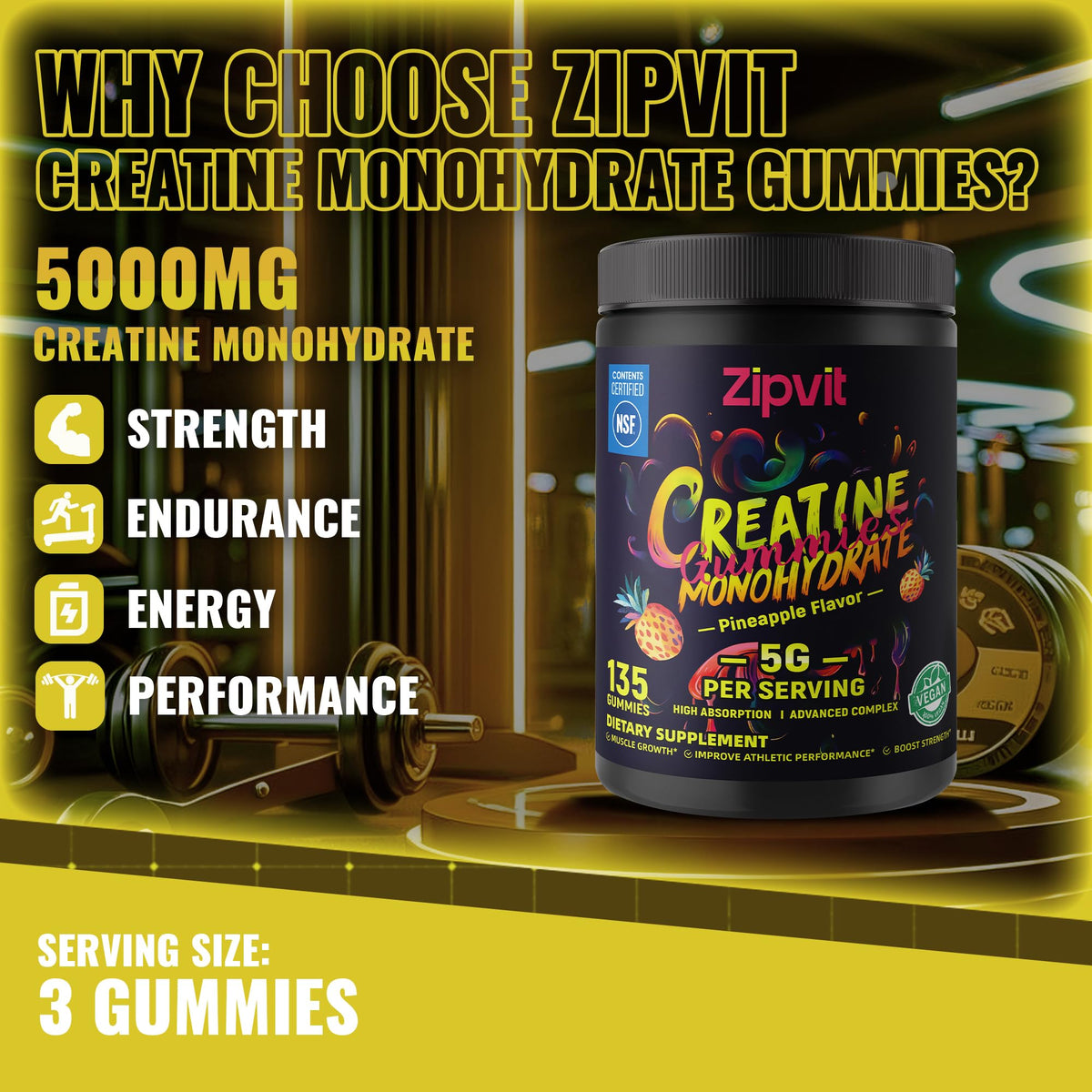 Gummies de créatine monohydrate zipvit, prise avec un verre d'eau