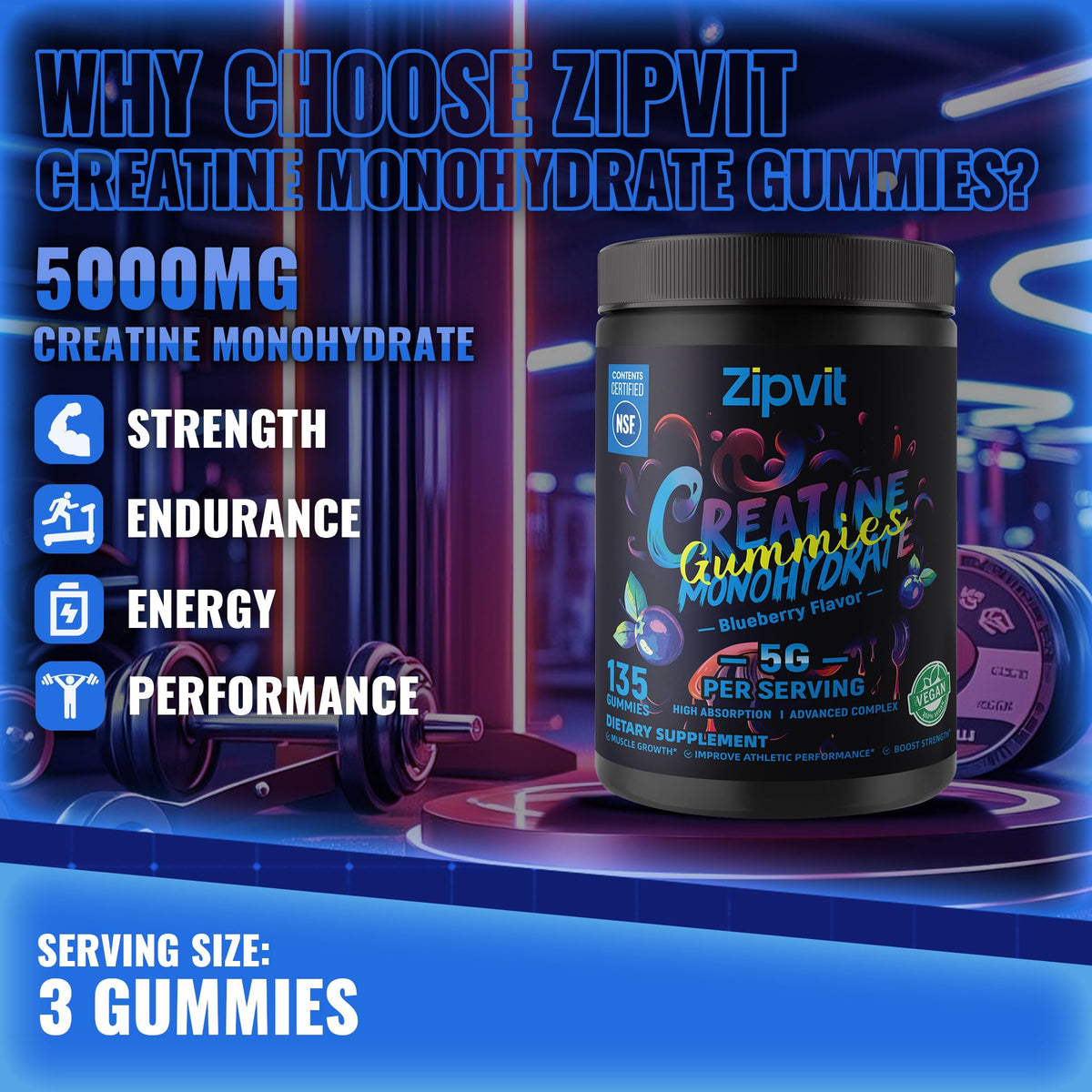 Gummies de créatine monohydrate zipvit sur une table en bois