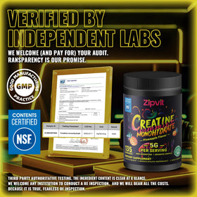Gummies de créatine monohydrate zipvit, trois gummies sur une surface blanche