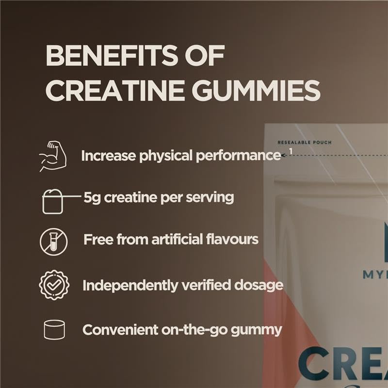 Gummies de Créatine Myprotein avec des fruits frais en arrière-plan