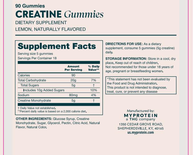 Gummies de Créatine Myprotein avec informations nutritionnelles sur l'emballage