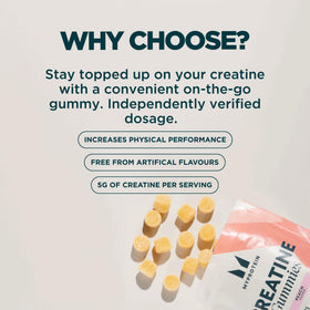 Gummies de créatine Myprotein goût pêche, présentation sur une table