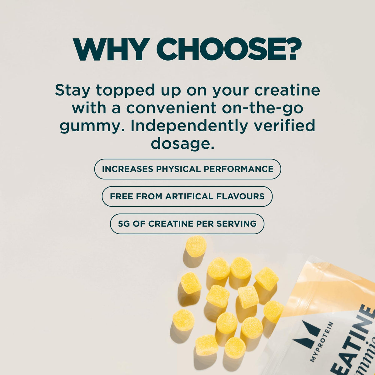 Gummies de Créatine Myprotein sur une table avec bouteille d'eau