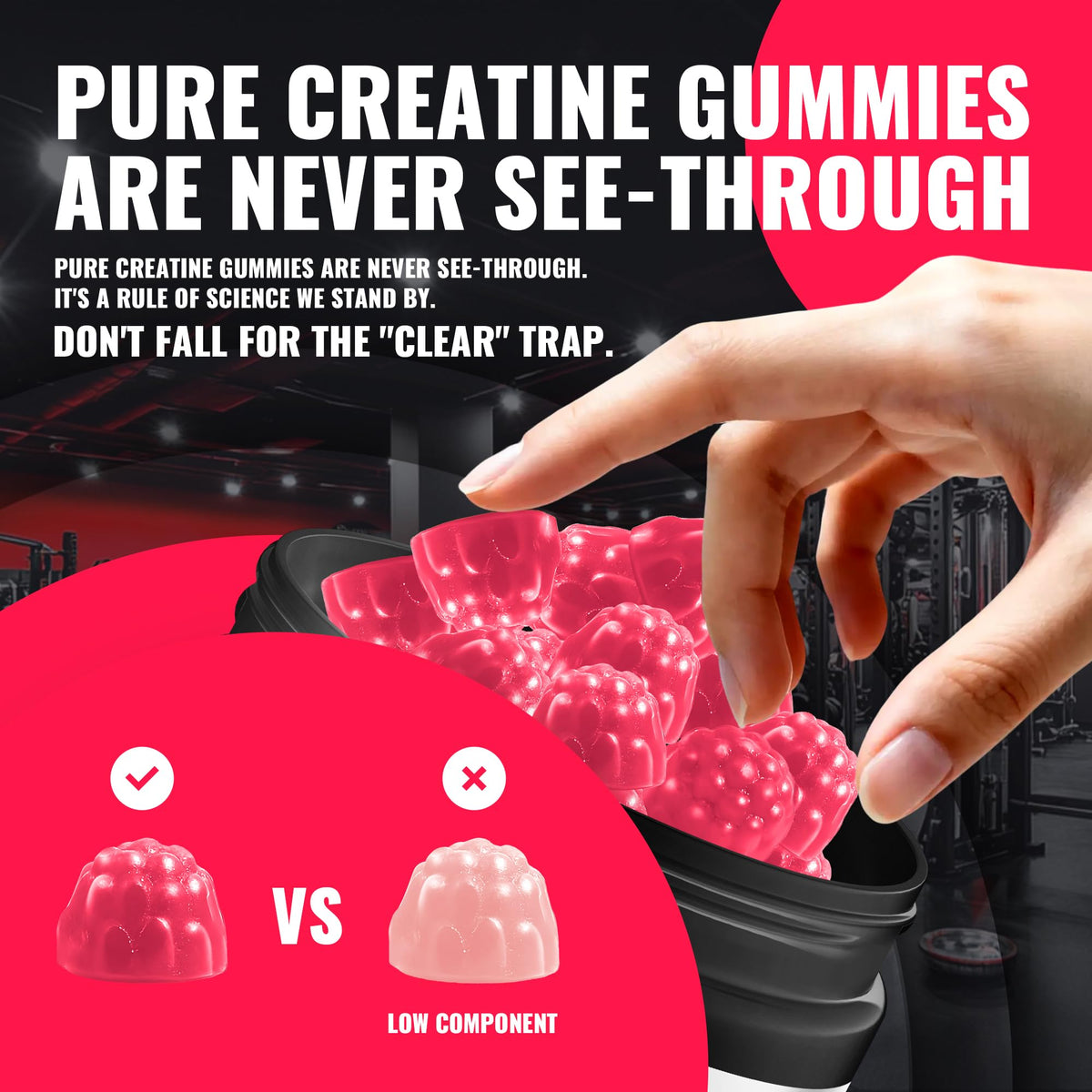 Gummies de créatine Natures Aid avec une main tenant un gummy
