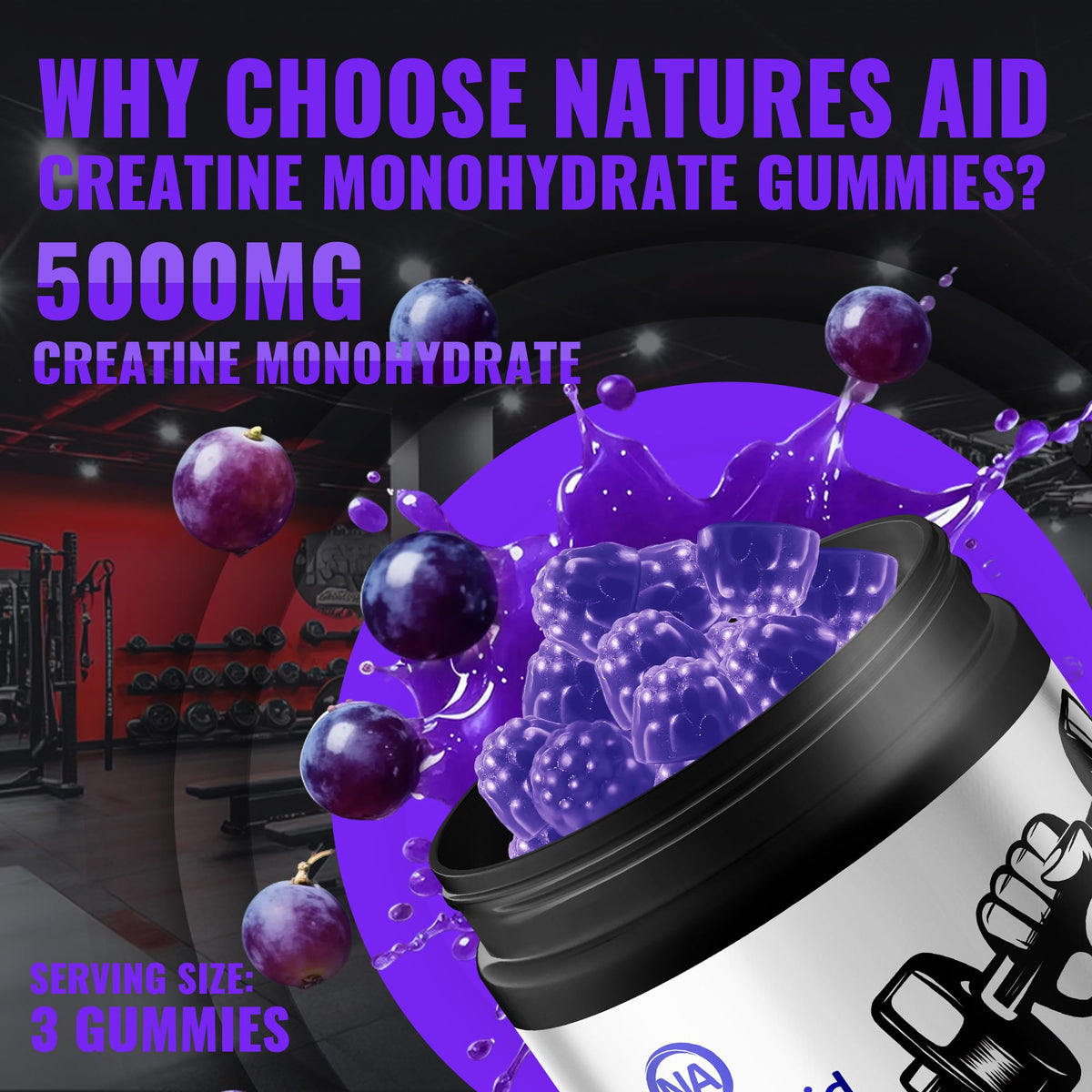 Gummies de créatine Natures Aid, prise en main avec un fond naturel