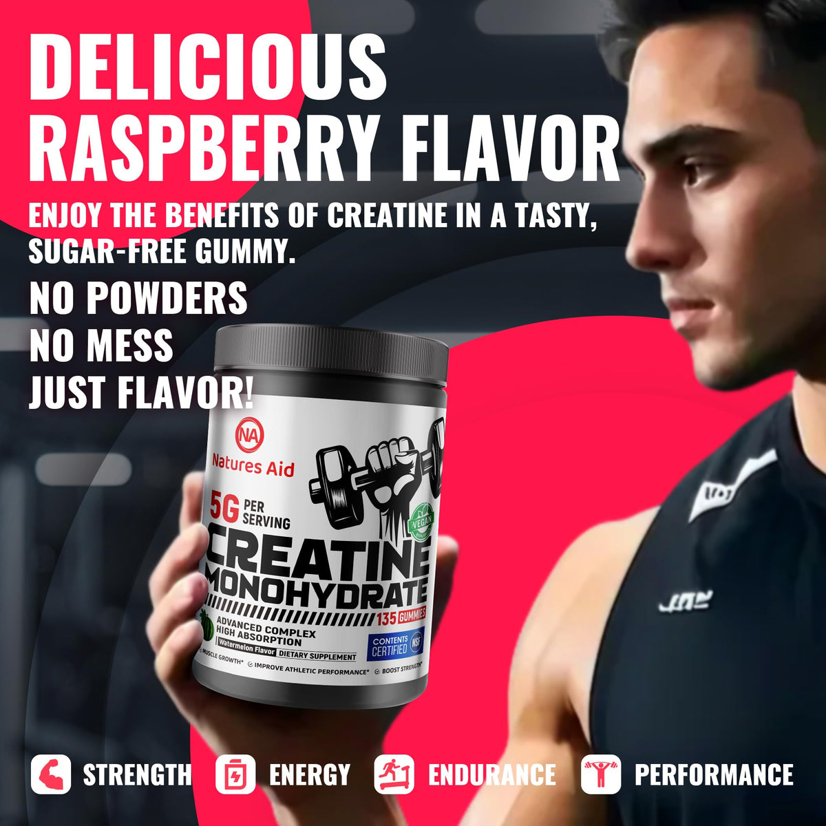 Gummies de créatine Natures Aid sur un fond sportif