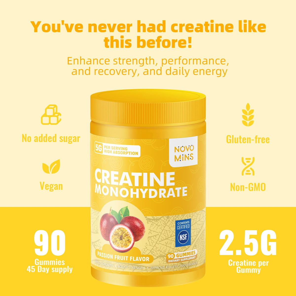 Gummies de créatine Novomins dans une main, mise en scène sportive