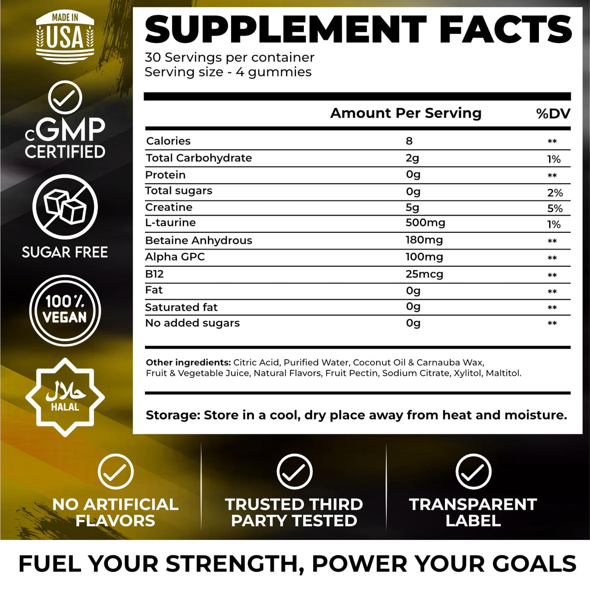 Gummies de créatine Novure, détail des ingrédients