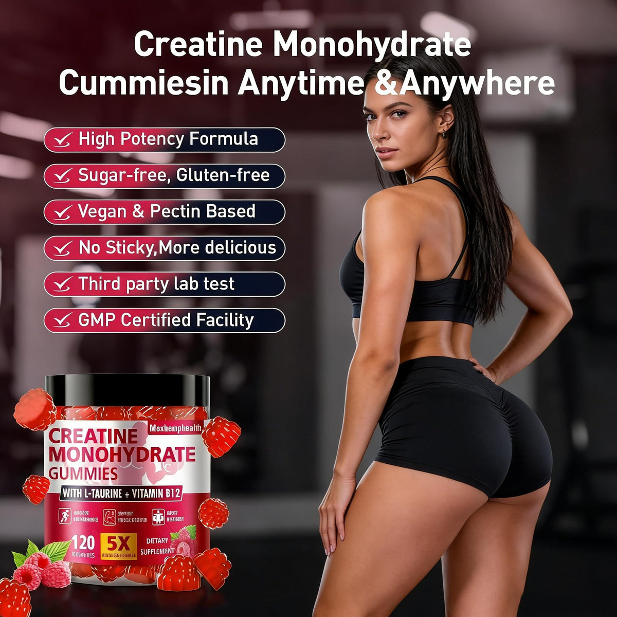 Gummies de créatine Nubetong à côté d'un équipement de fitness
