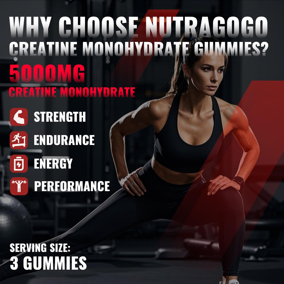 Gummies de créatine NUTRAGOGO avec une main tenant un gummy