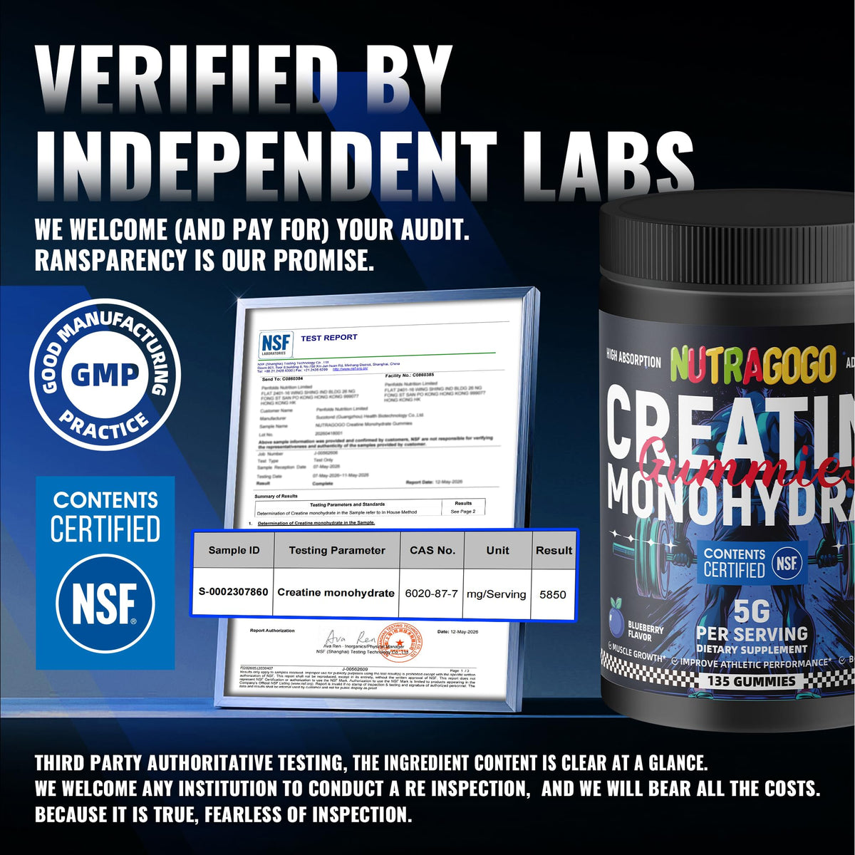 Gummies de créatine NUTRAGOGO montrant la couleur bleu