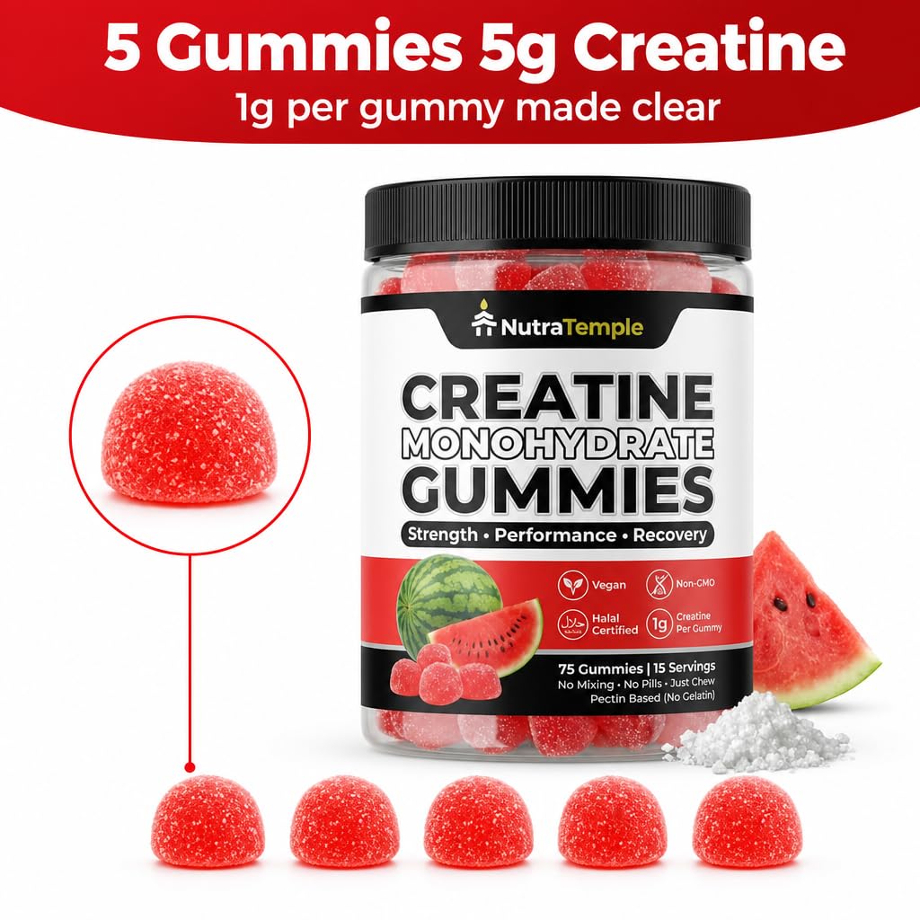 Gummies de créatine NUTRATEMPLE, en main avec arrière-plan de salle de sport