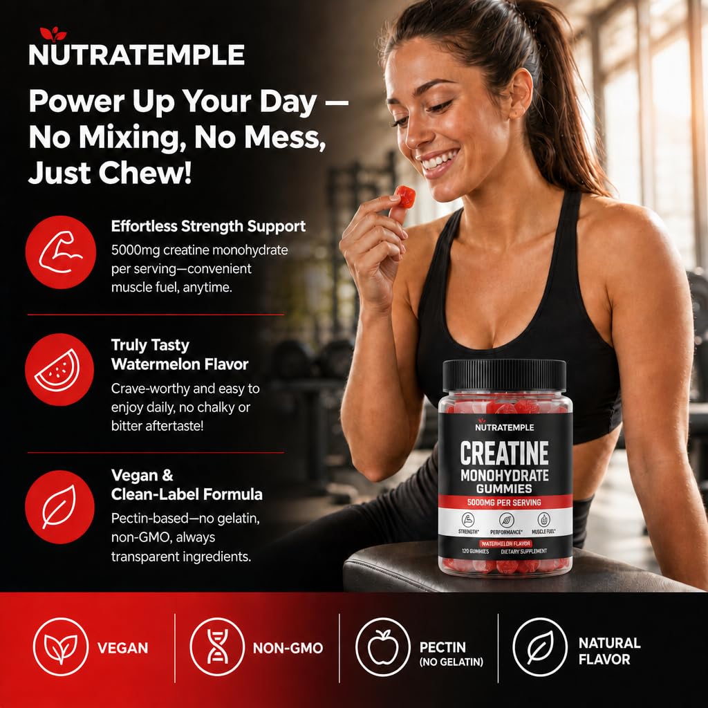 Gummies de créatine NUTRATEMPLE, goût pastèque, emballage ouvert