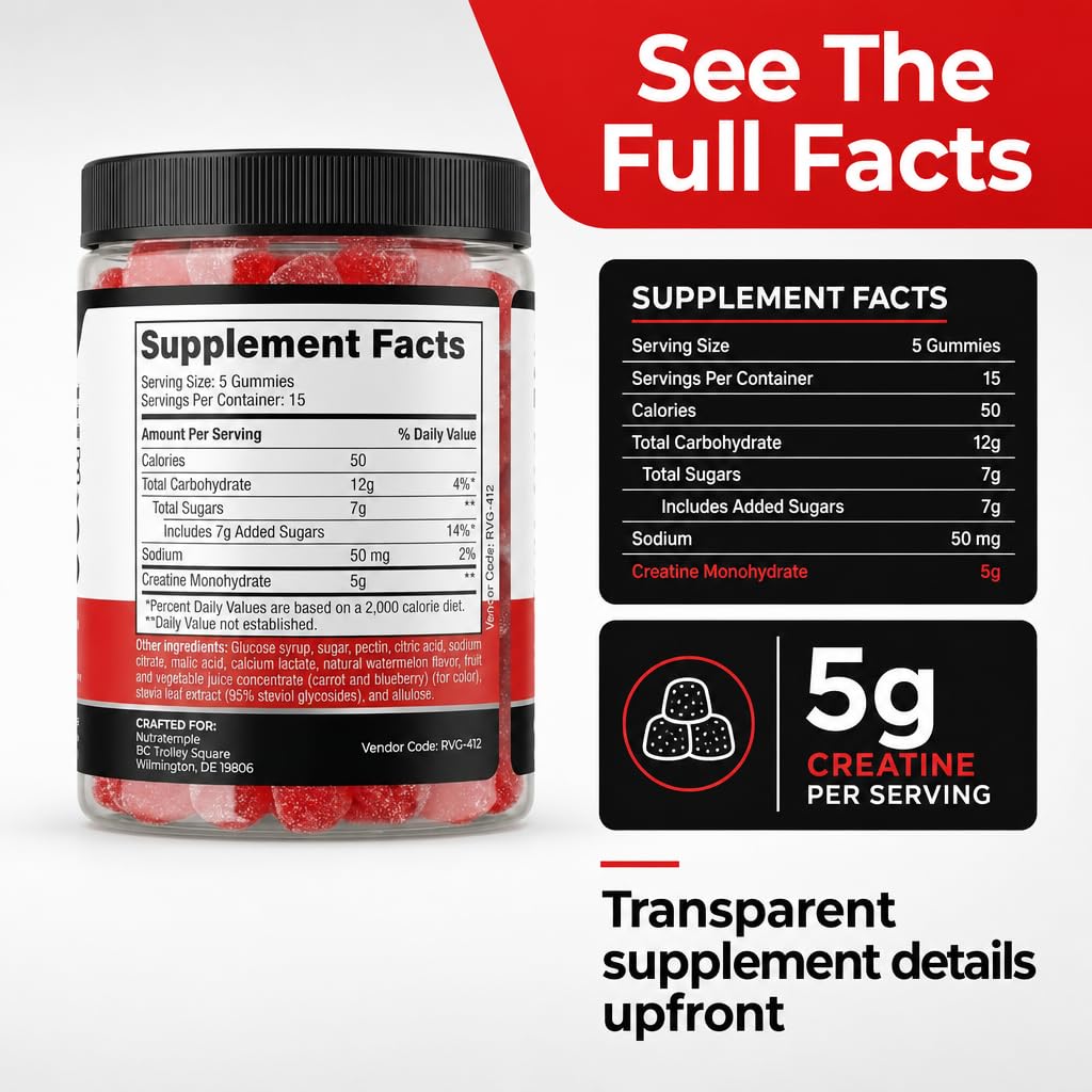 Gummies de créatine NUTRATEMPLE, portion de 5g sur une cuillère