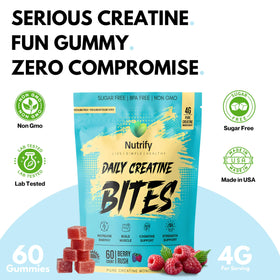 Gummies de créatine Nutrify avec des ingrédients sur une table